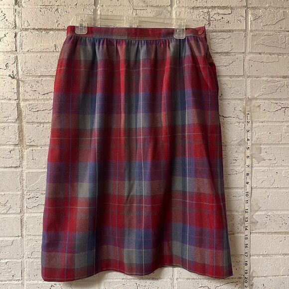 Vintage Personal Skirt Navy Red Plaid Pleated Midi Wool Blend 14 - Picture 1 of 10